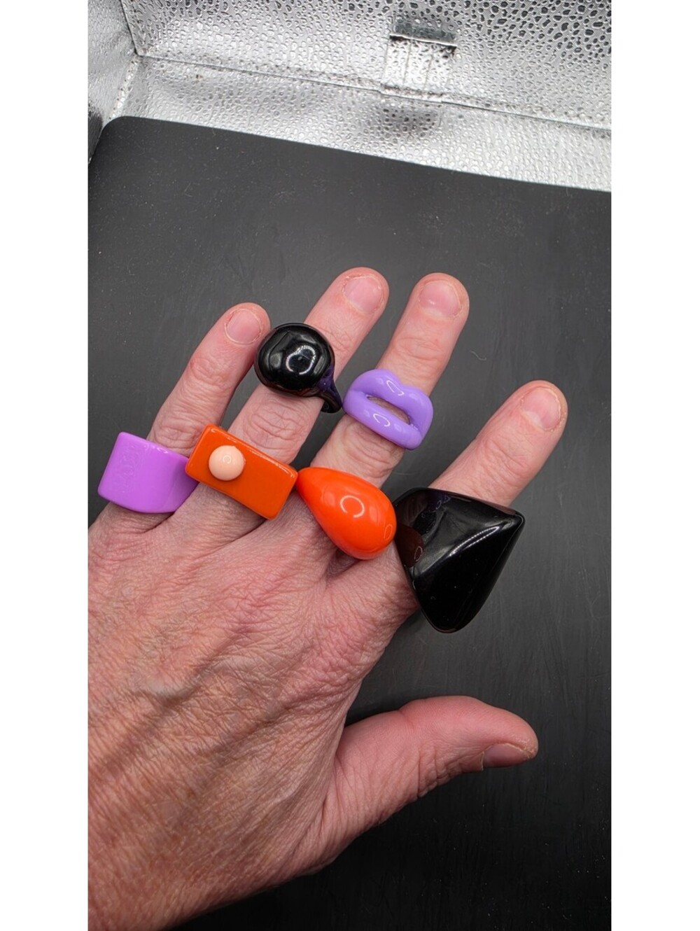 Set of 9 Colorful Resin Rings in Purple, Orange, and Black - One Size Fits Most